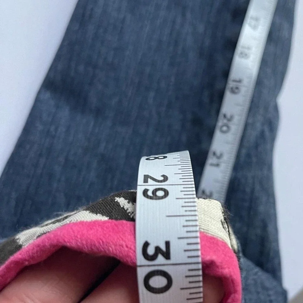 Y2K Low Rise Cuffed Flare Jeans Blue‎ Denim with Zebra Fabric & Pink Trim Sz 4